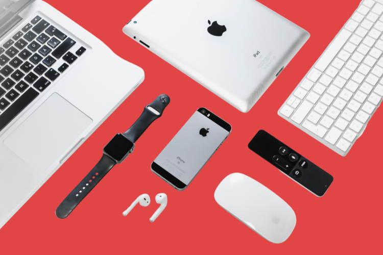 Apple devices including iPhone, iPad, Mac, Airpods, and Apple Watch on a bright background