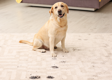 dog with muddy paws on rug