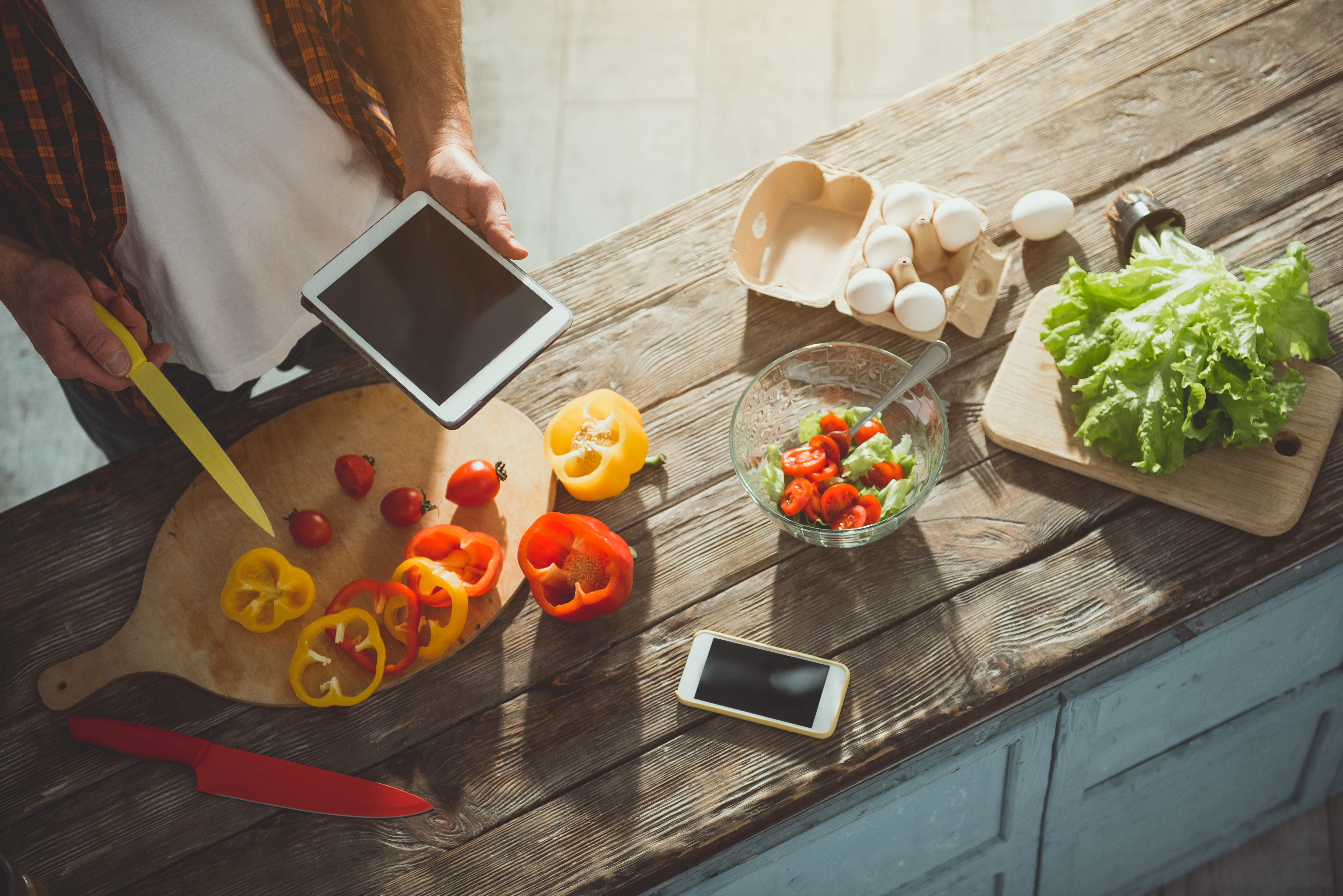 Overview of a person cutting vegetables