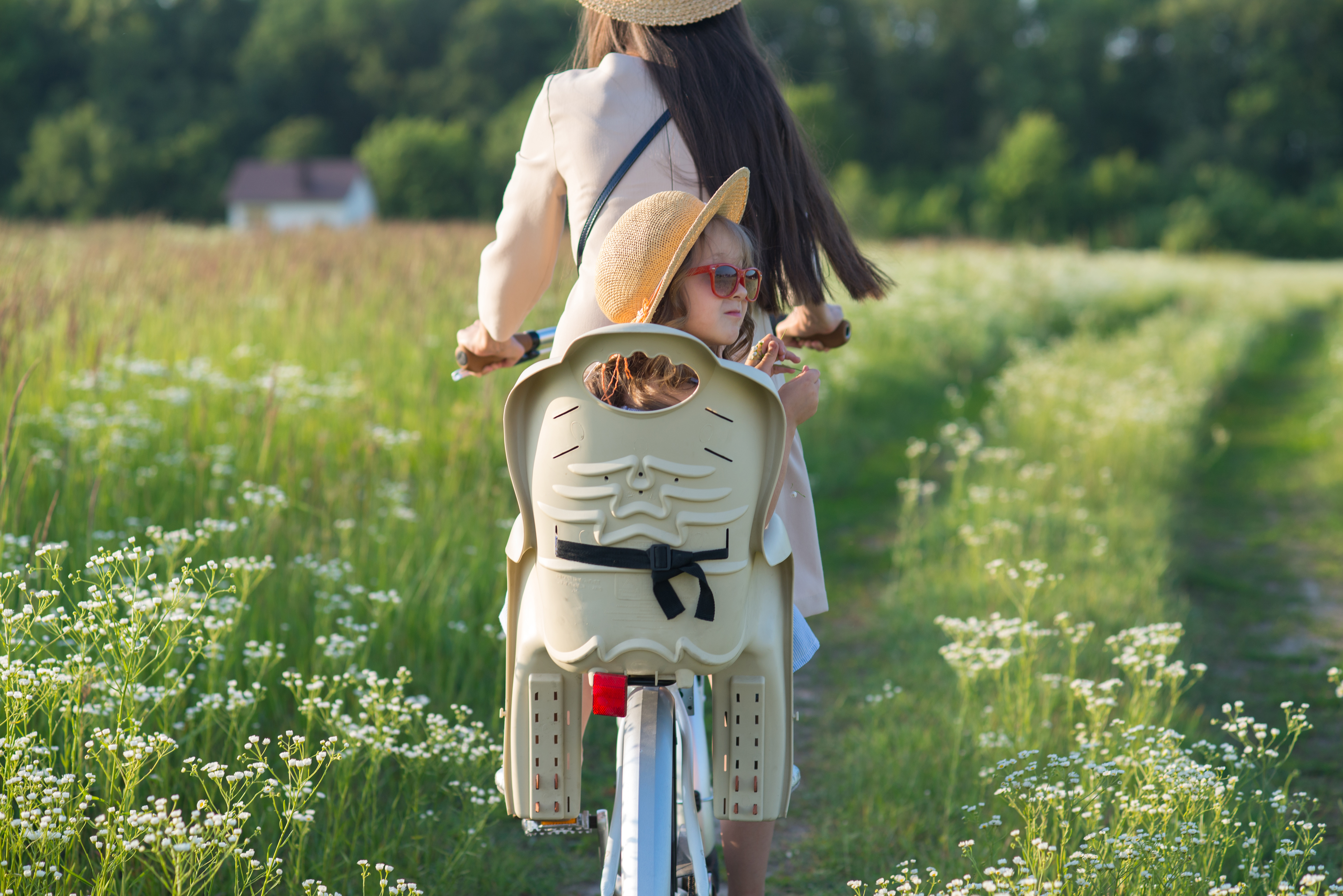 Kid in bike seat riding through a field