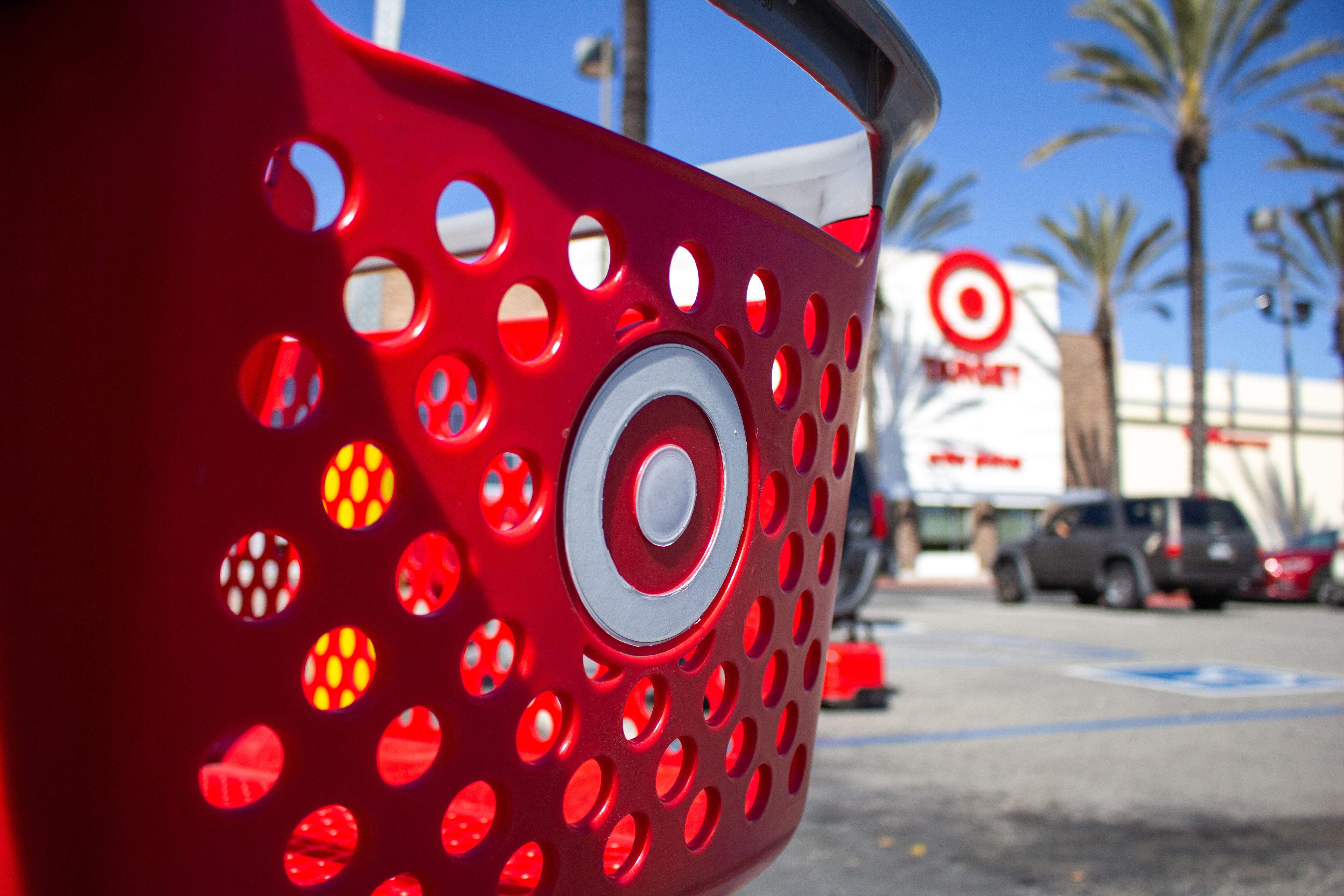 A Target shopping cart in front of a Target store