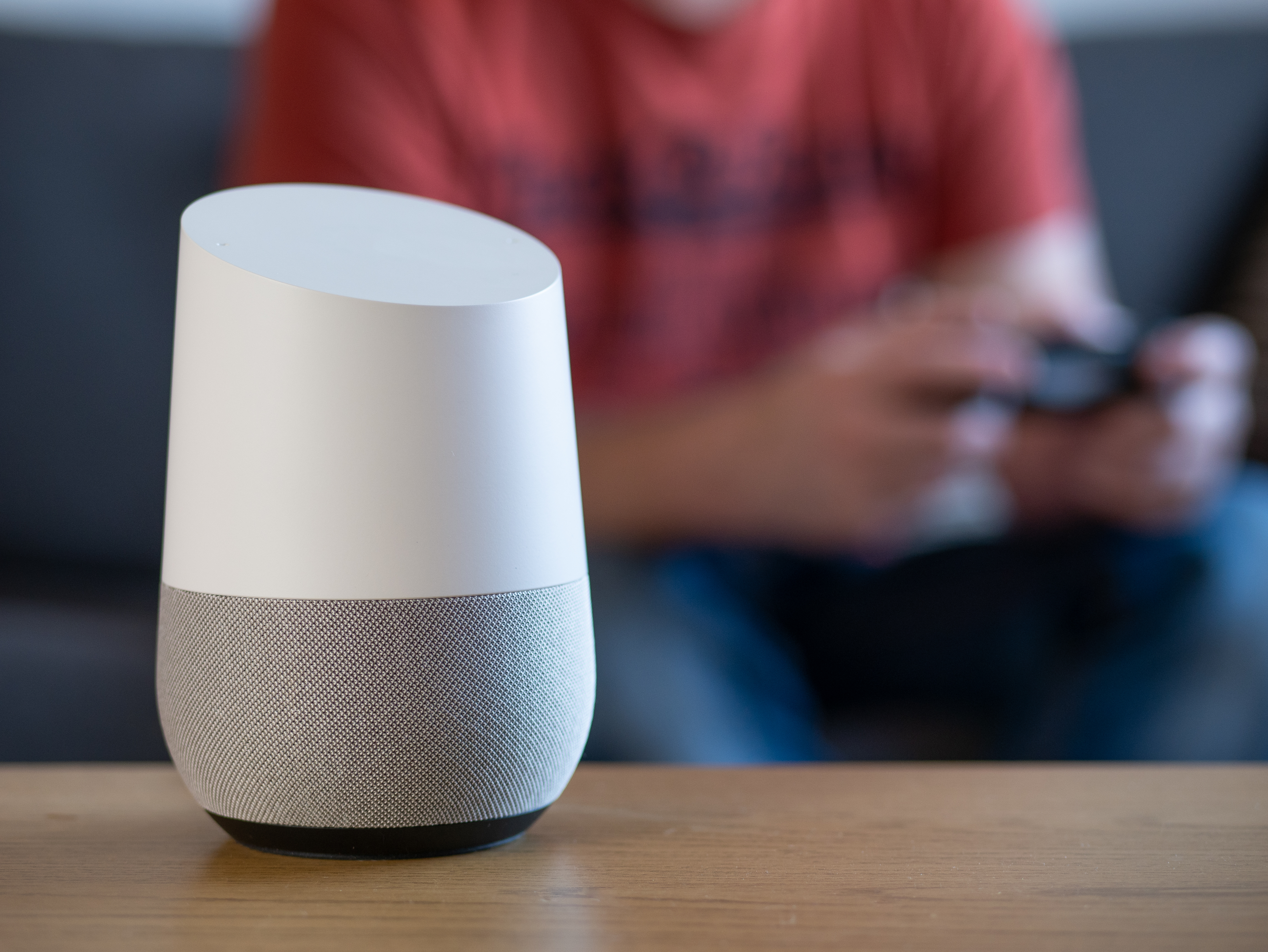 Google home sitting on a coffee table