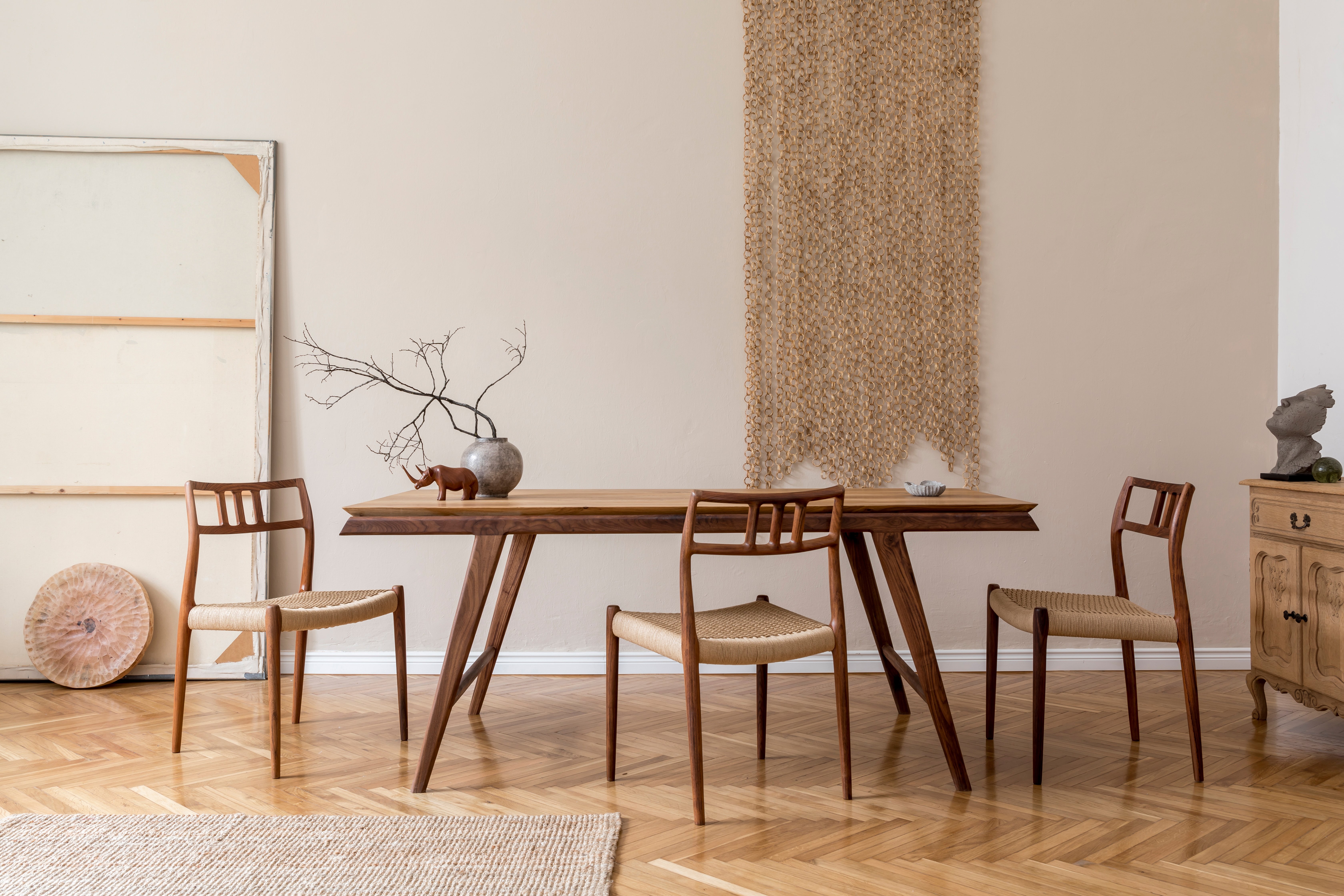 Dining room setup with wooden furniture in it