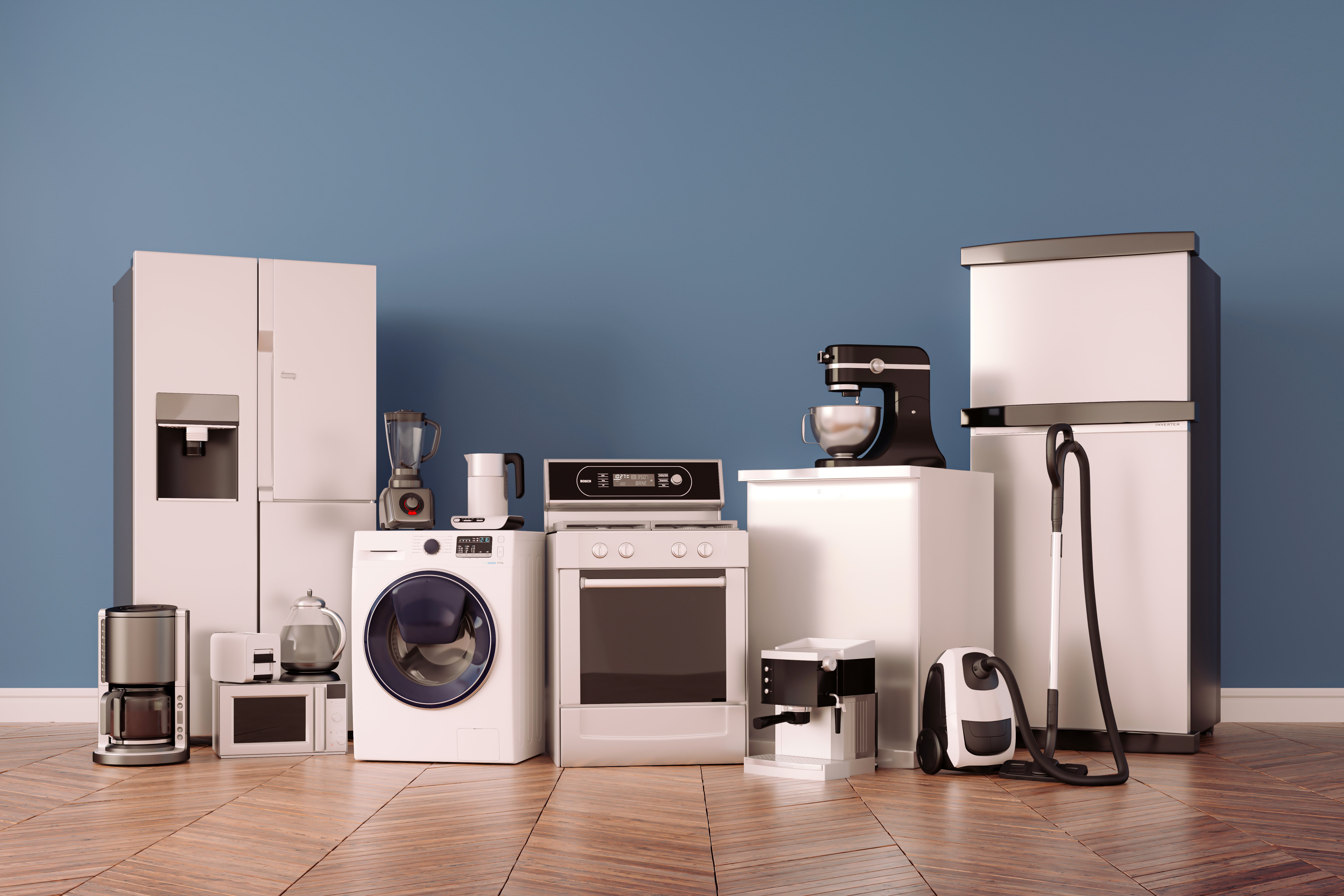 Various appliances set against a blue background