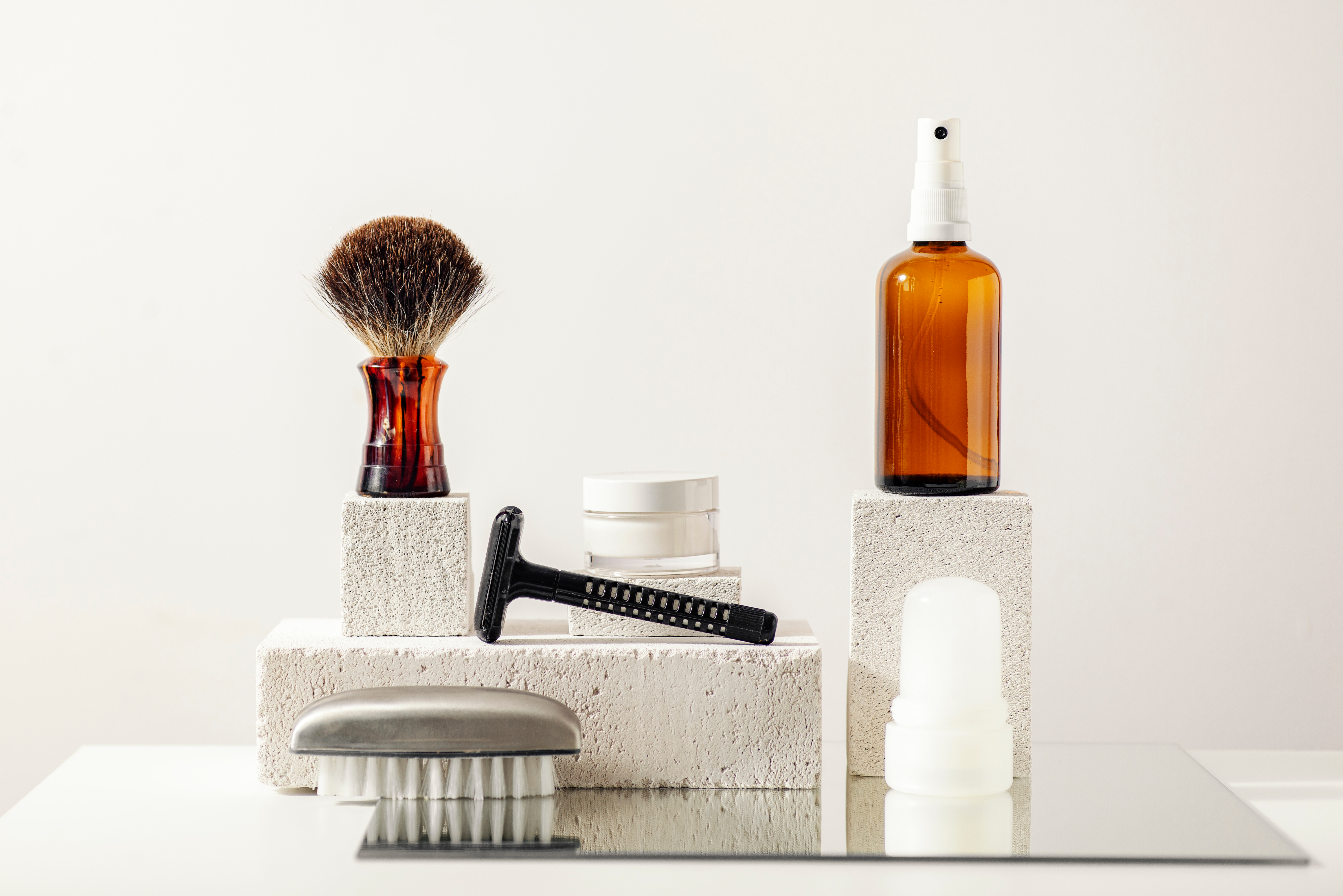 Men's grooming products set on a table