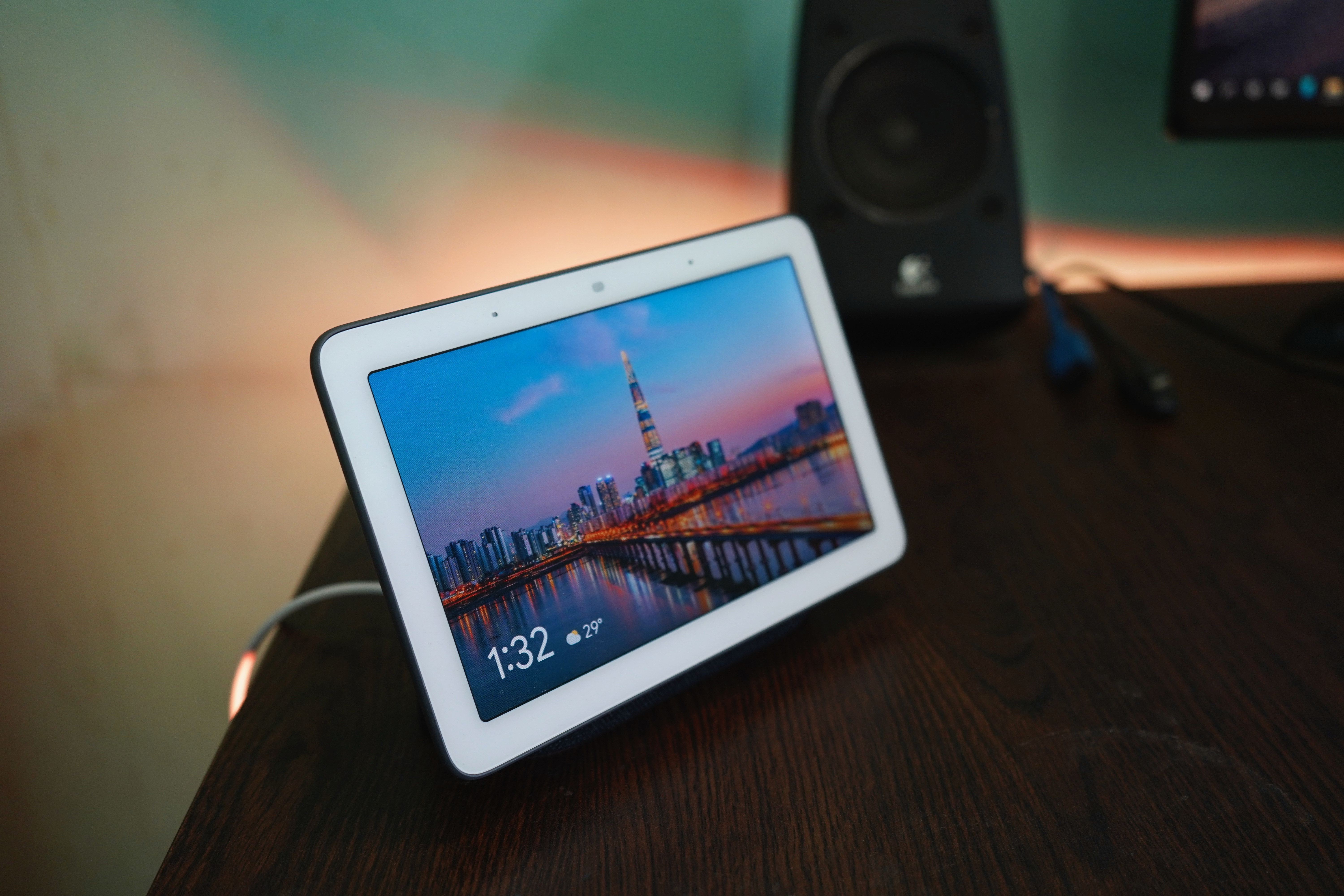 Google tablet sitting on a side table