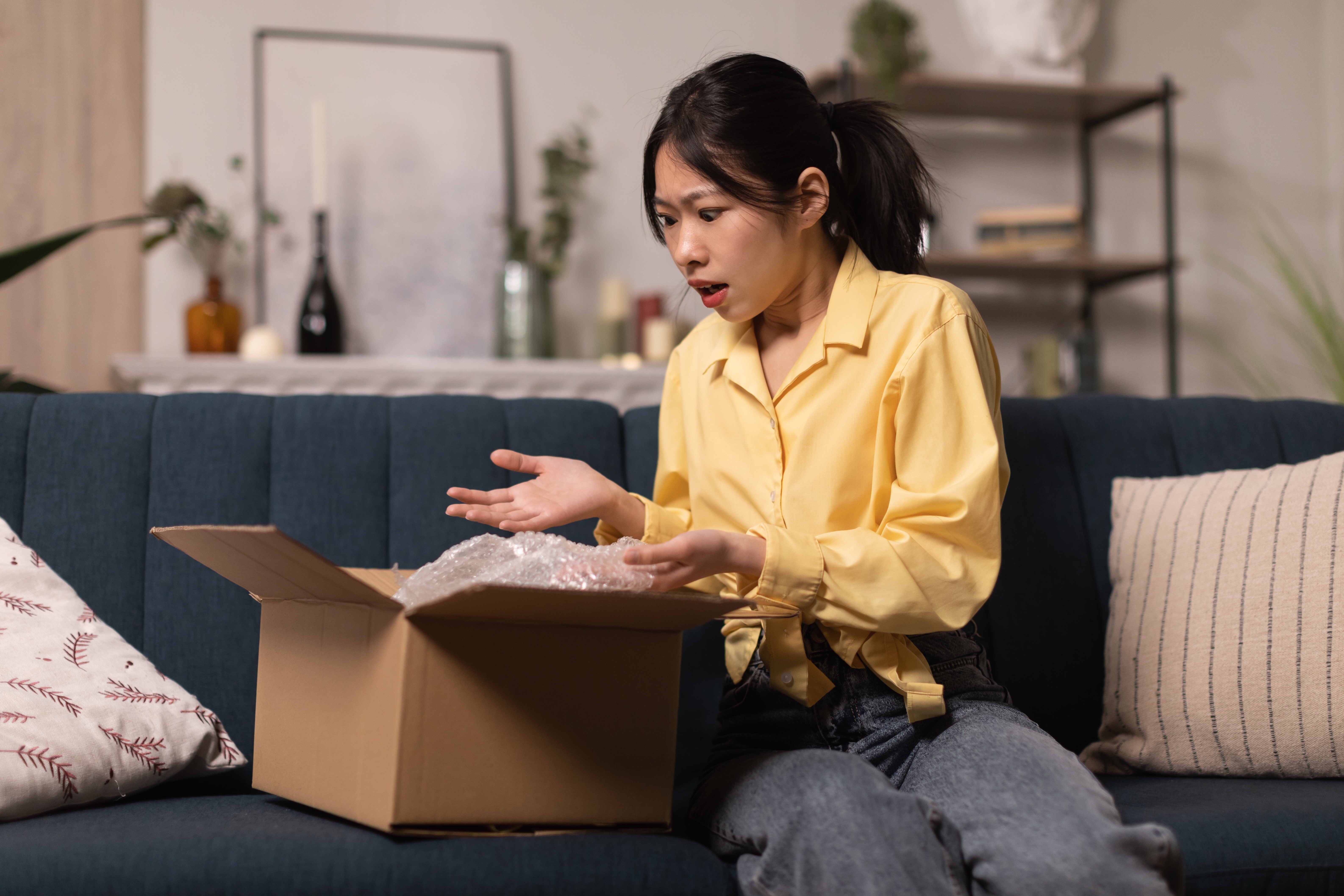 Woman sitting on the couch upset looking at an empty box