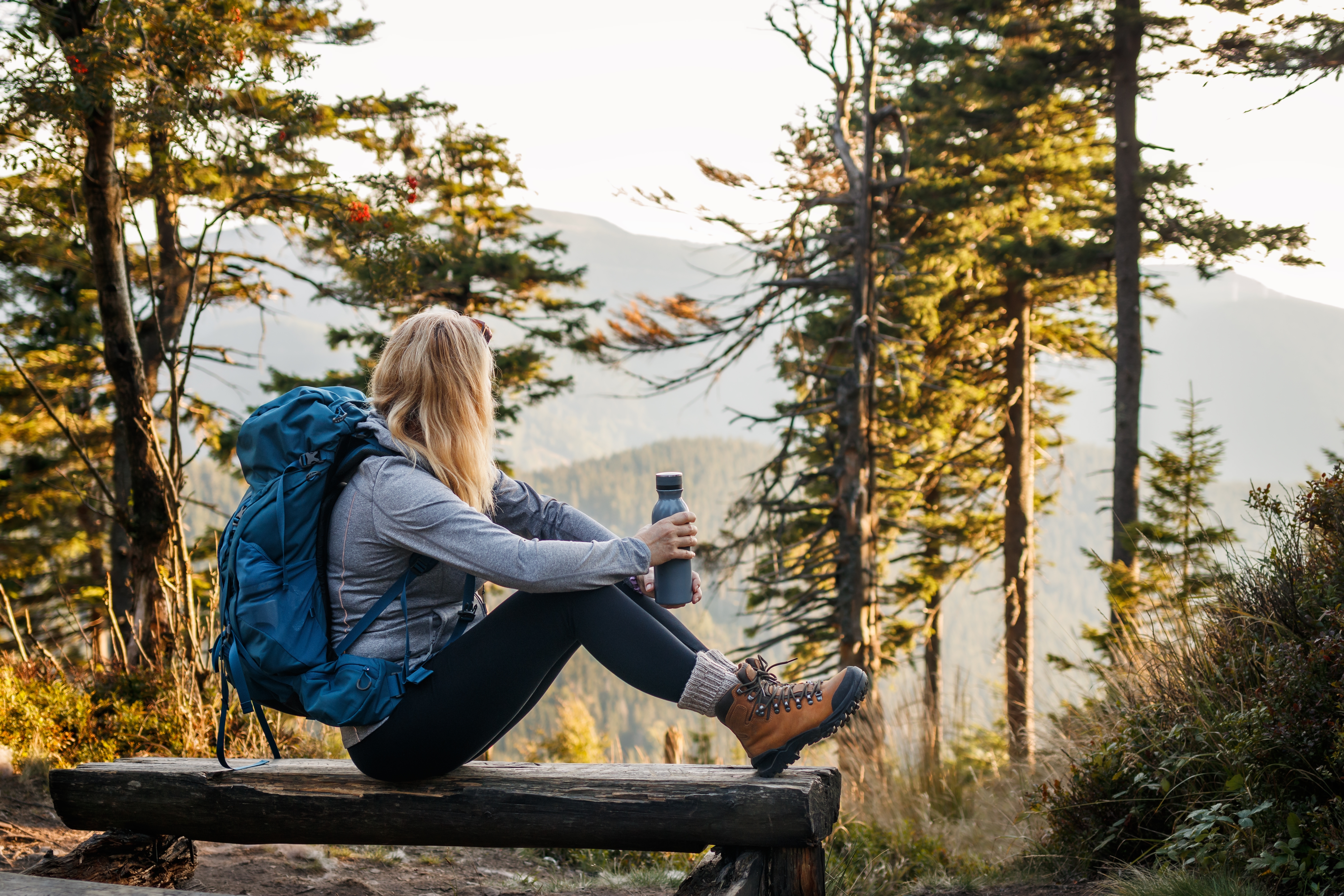 Woman sitting on a log wearing a backpack looking out at a view