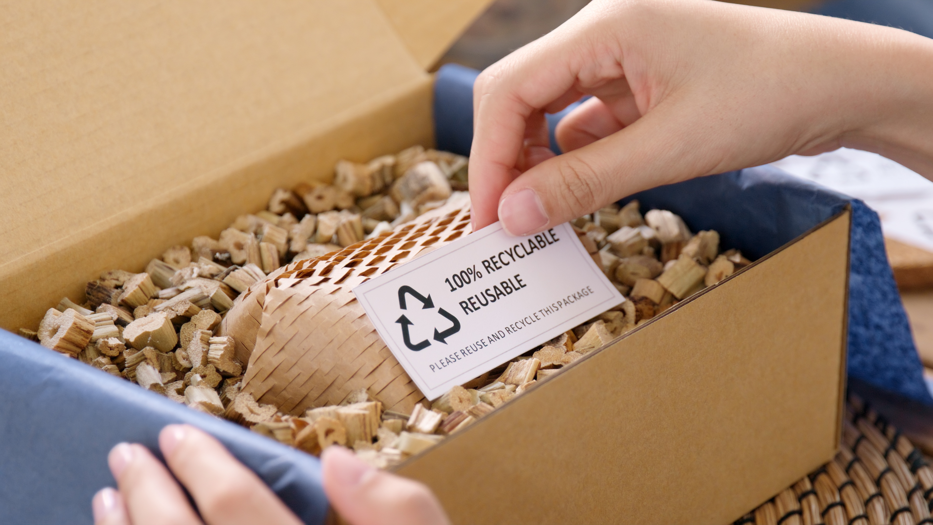 Person placing a sign that says a package is recyclable in a package