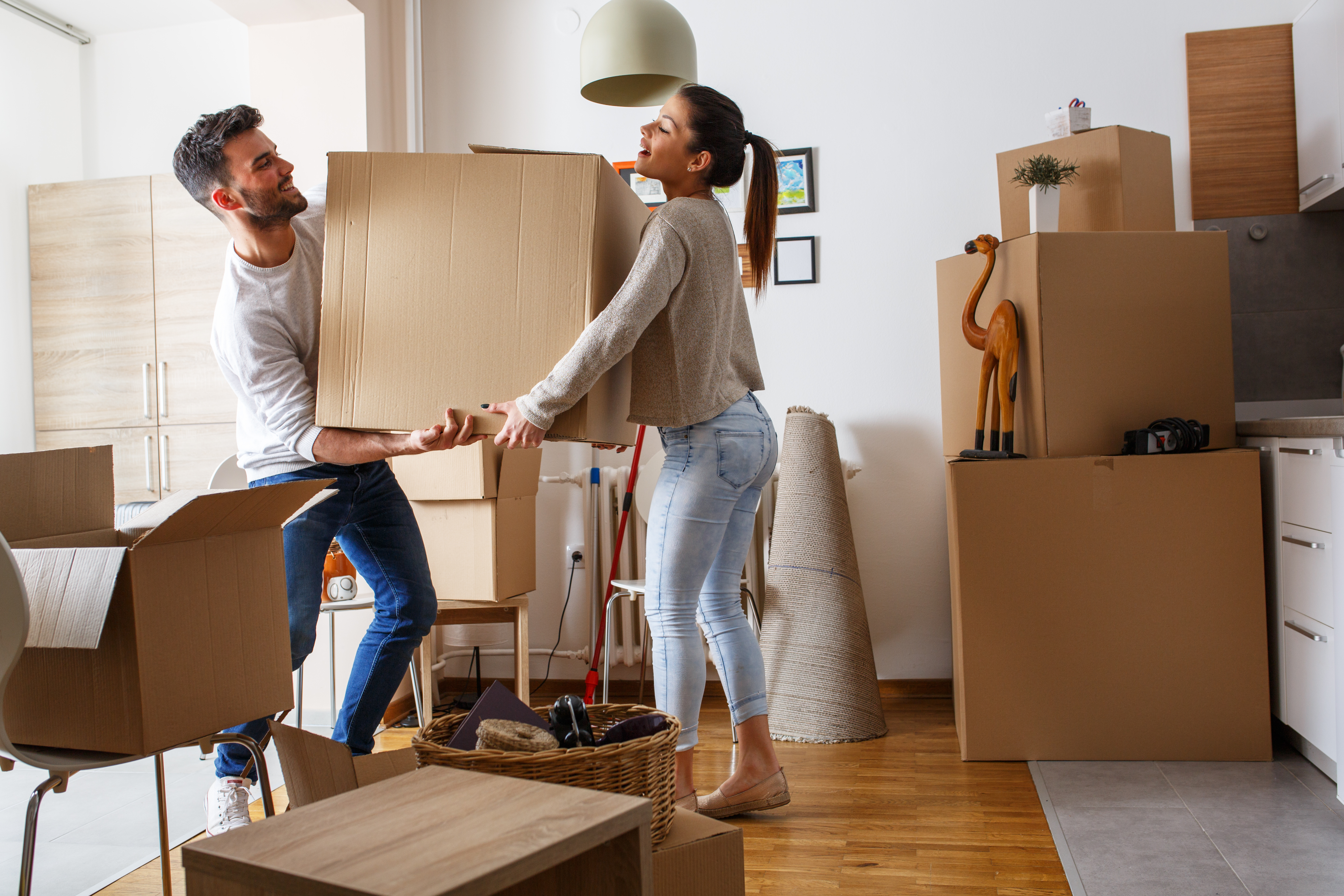 Man and woman carrying a cardboard box together