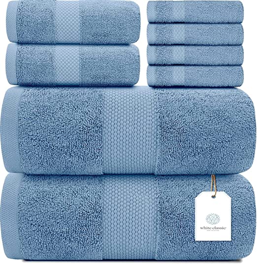 White Classic Luxury Light Blue Bath Towel Set